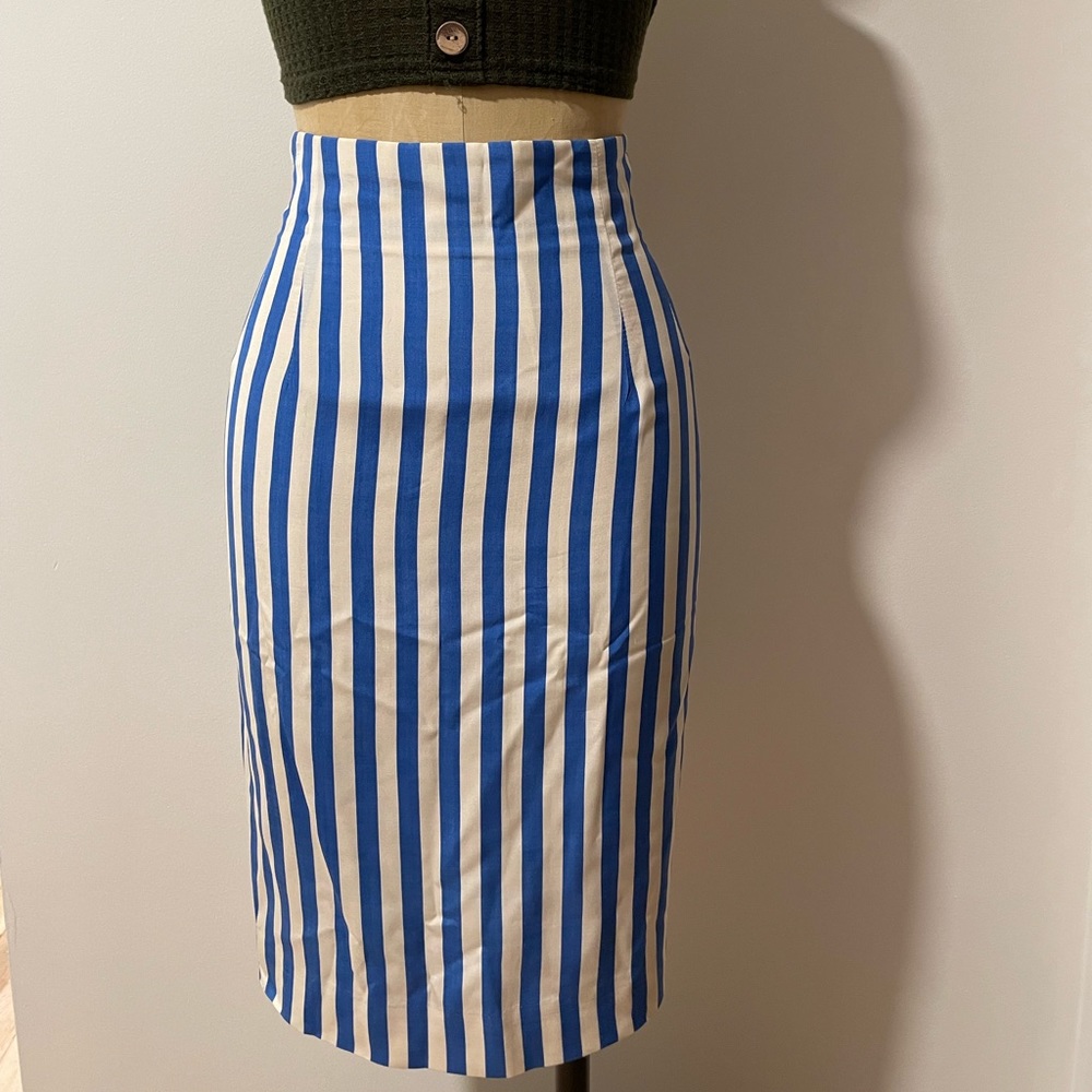 Ann Taylor Pencil Skirt Vintage Blue White Stripe 8 100% Silk
